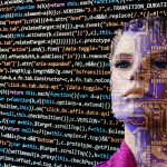 Representação conceitual de inteligência artificial com robô, circuitos eletrônicos e códigos digitais em uma composição tecnológica.