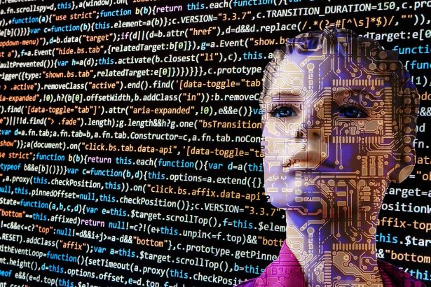 Representação conceitual de inteligência artificial com robô, circuitos eletrônicos e códigos digitais em uma composição tecnológica.