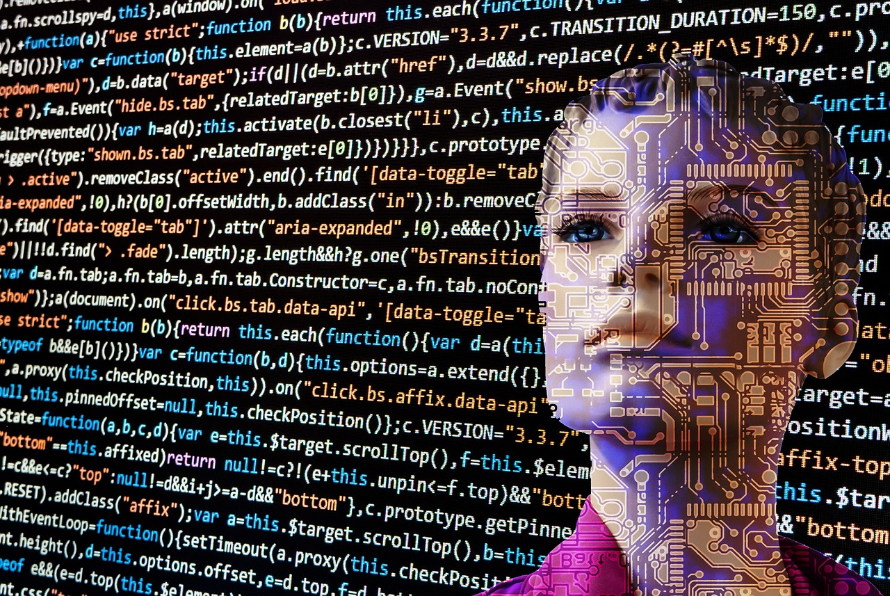 Representação conceitual de inteligência artificial com robô, circuitos eletrônicos e códigos digitais em uma composição tecnológica.